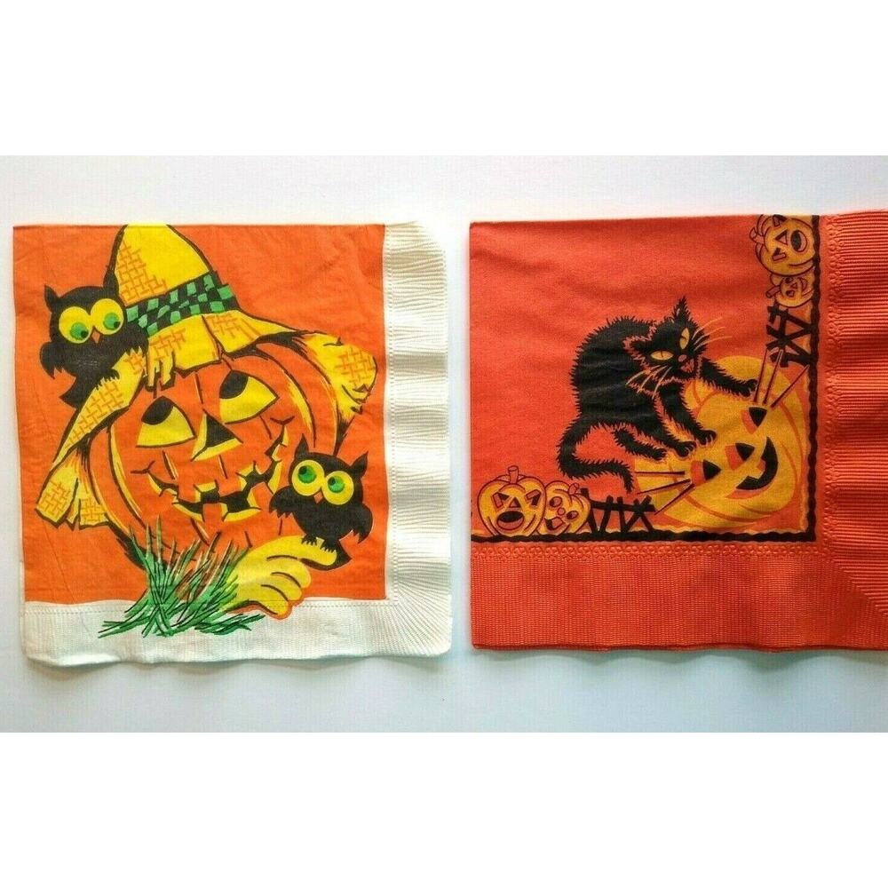 Halloween Vintage Crepe Napkins Scared Black Cat Humanized Goblin Owls Lot Of 2